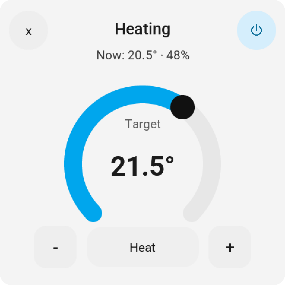 Climate card: target temperature dial, current temperature and humidity, and the mode