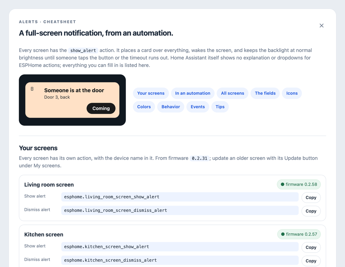The Alerts cheatsheet in ESP Screens: the action name of every screen, ready to copy