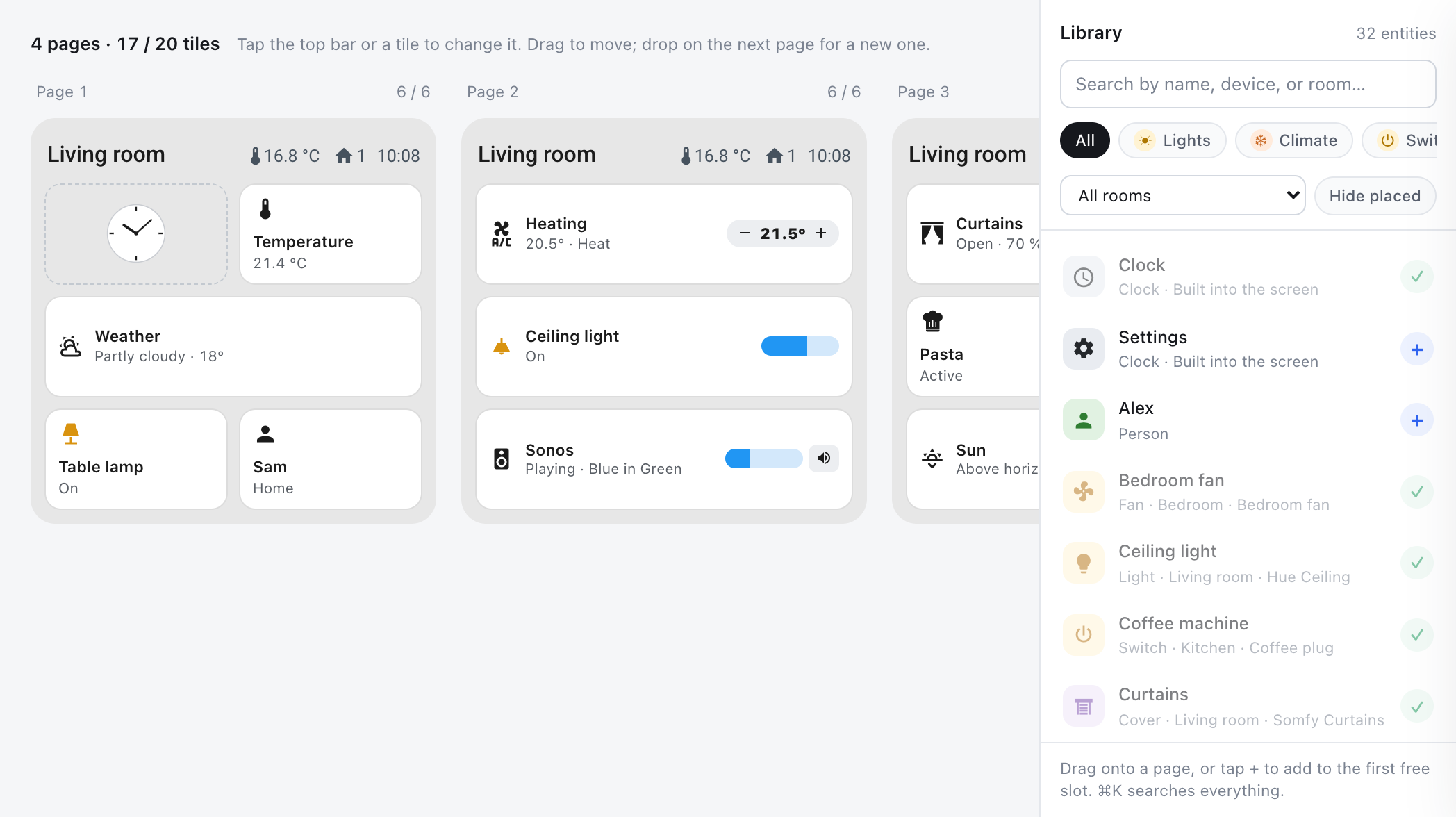 Choosing tiles: the pages of the screen side by side, next to the library with its search and filters
