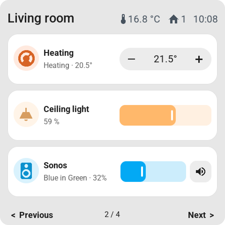 Double-width tiles with direct control: the heating setpoint, a dimmer and the Sonos volume