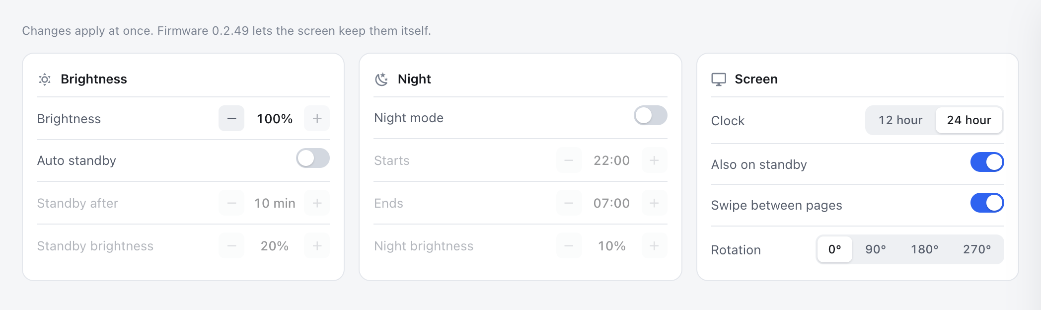 The Screen settings tab in ESP Screens: Brightness with standby, Night with its hours and brightness, and Screen with the clock, back to page 1, swiping and the rotation