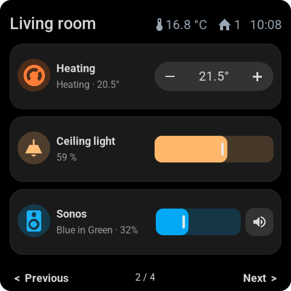 Dark mode with direct control: the heating setpoint, the dimmer's slider and the Sonos volume keep their colours
