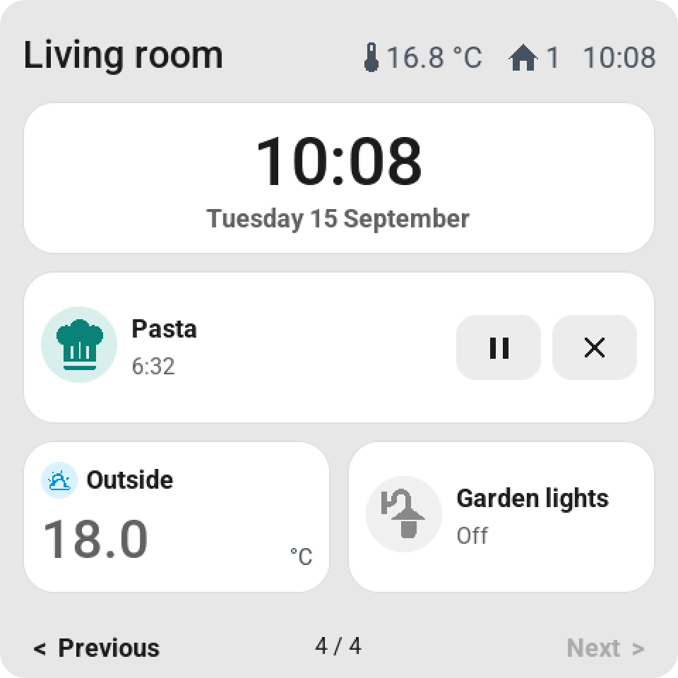A digital clock with the date, a pasta timer with pause and cancel, the outside temperature as a large value, and garden lights that are off