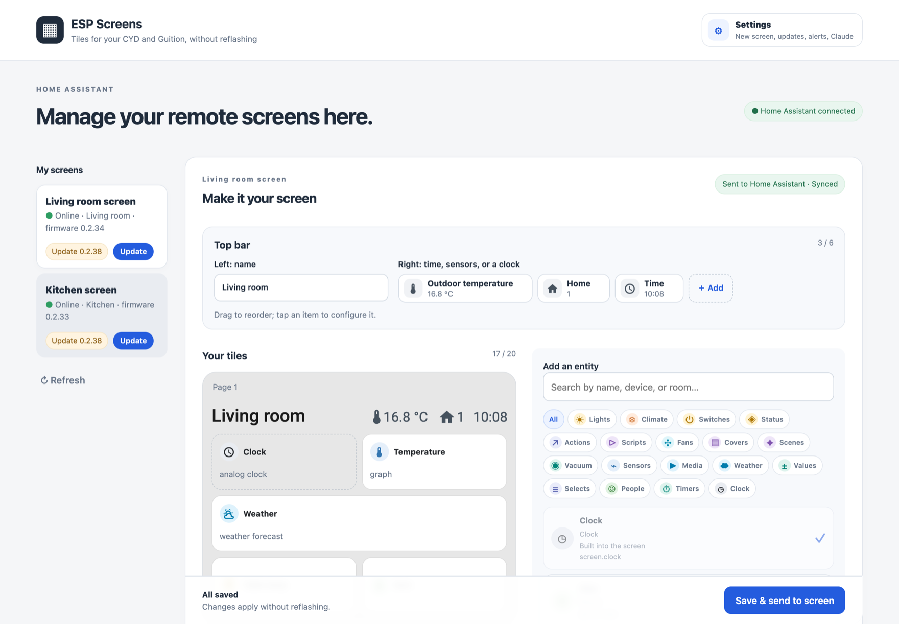 ESP Screens in Home Assistant: the screens on the left, the top bar and tiles of the selected screen on the right