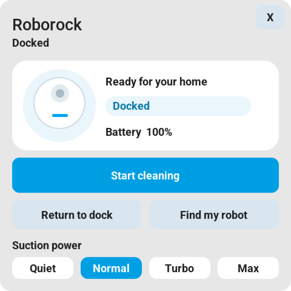 Vacuum card: status, battery, start, return to dock, find the robot and suction power