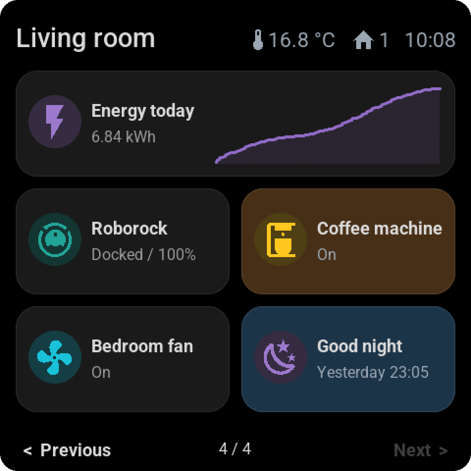 Dark mode with pastel backgrounds: the coffee machine and the good-night script keep their colour, deeper