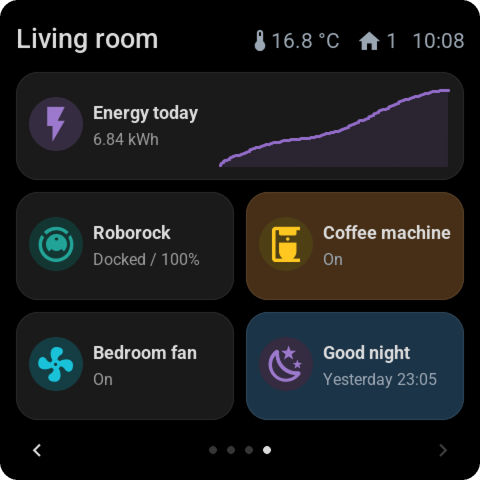 Dark mode with pastel backgrounds: the coffee machine and the good-night script keep their colour, deeper