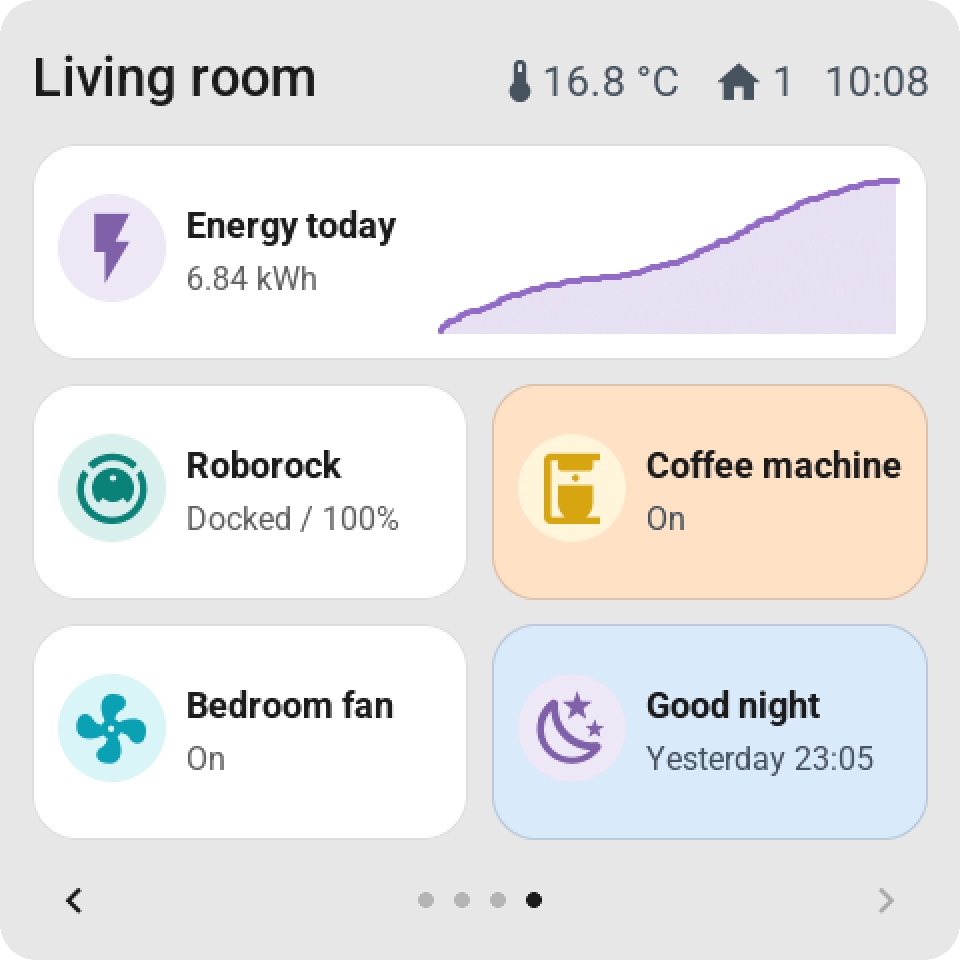 An energy graph, the robot vacuum, a coffee machine, a fan and a good-night script with pastel backgrounds
