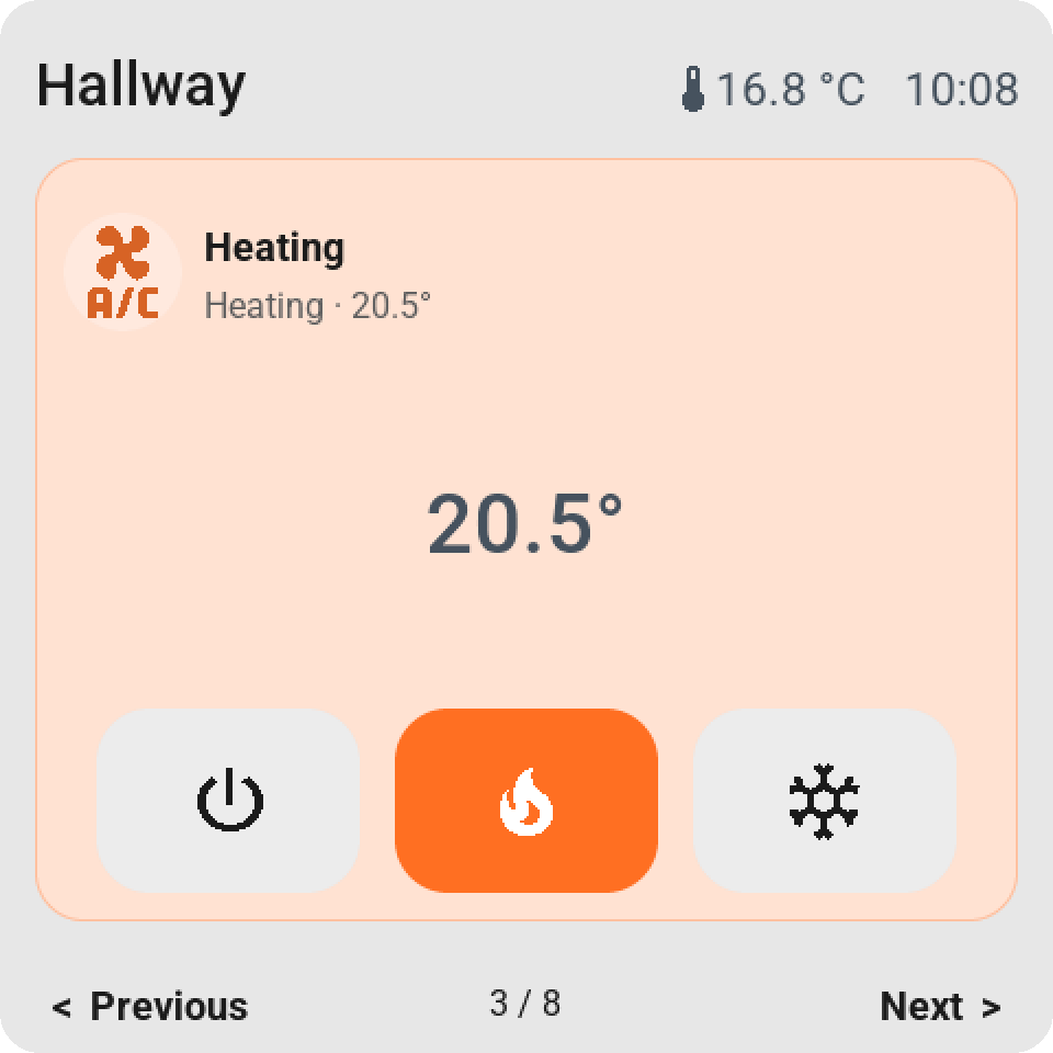 A full-page heating tile: the room temperature big in the middle, the mode keys at the bottom
