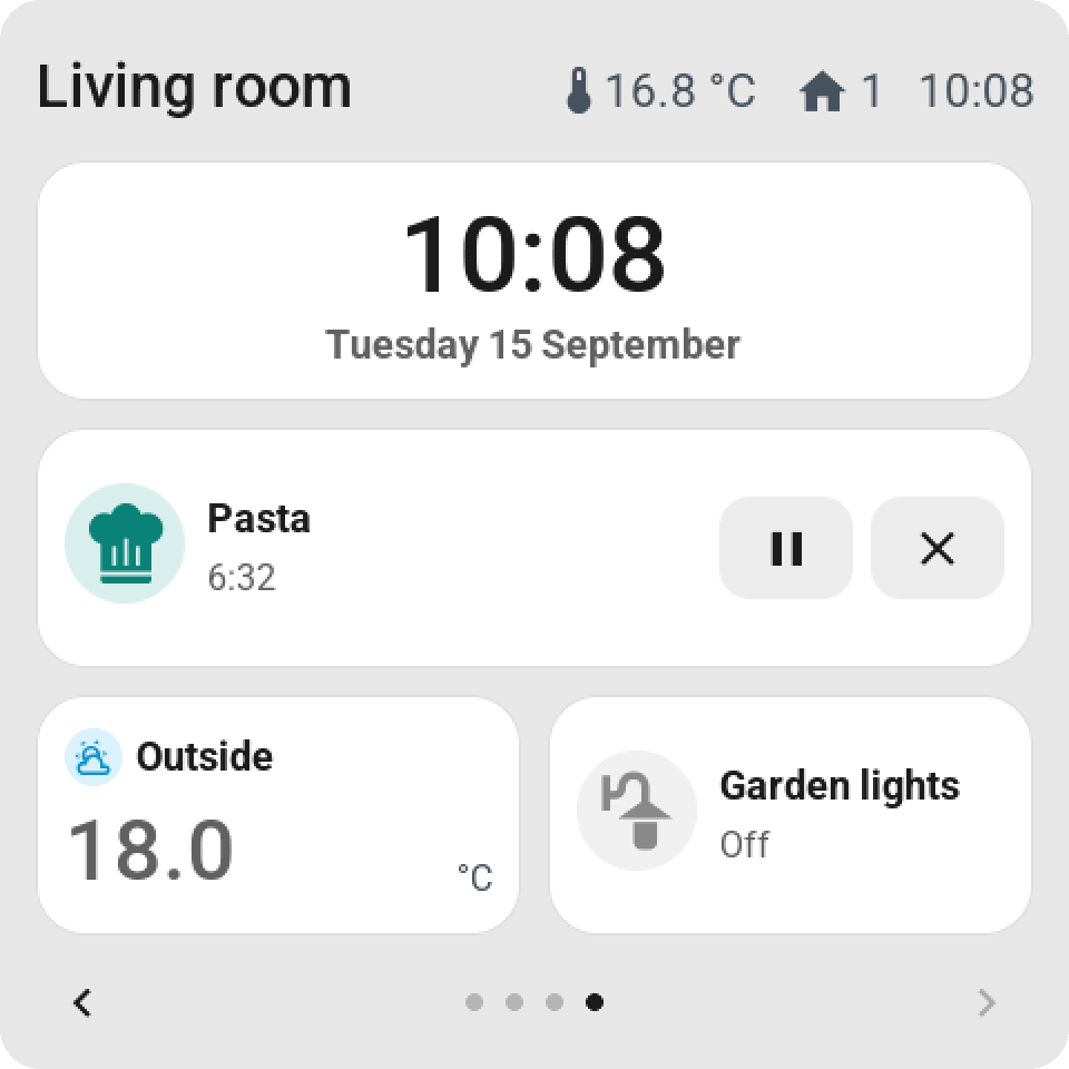 A digital clock with the date, a pasta timer with pause and cancel, the outside temperature as a large value, and garden lights that are off