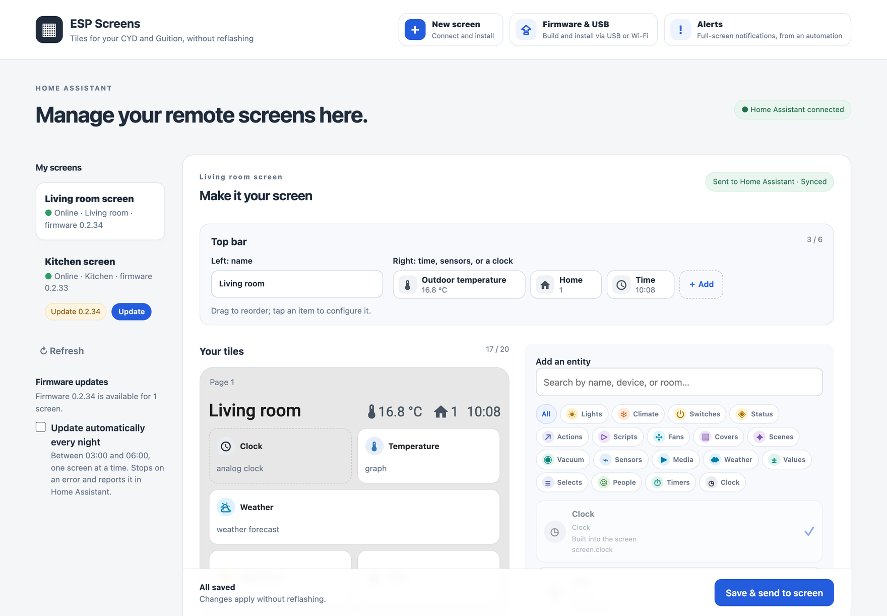 ESP Screens in Home Assistant: the screens on the left, the top bar and tiles of the selected screen on the right