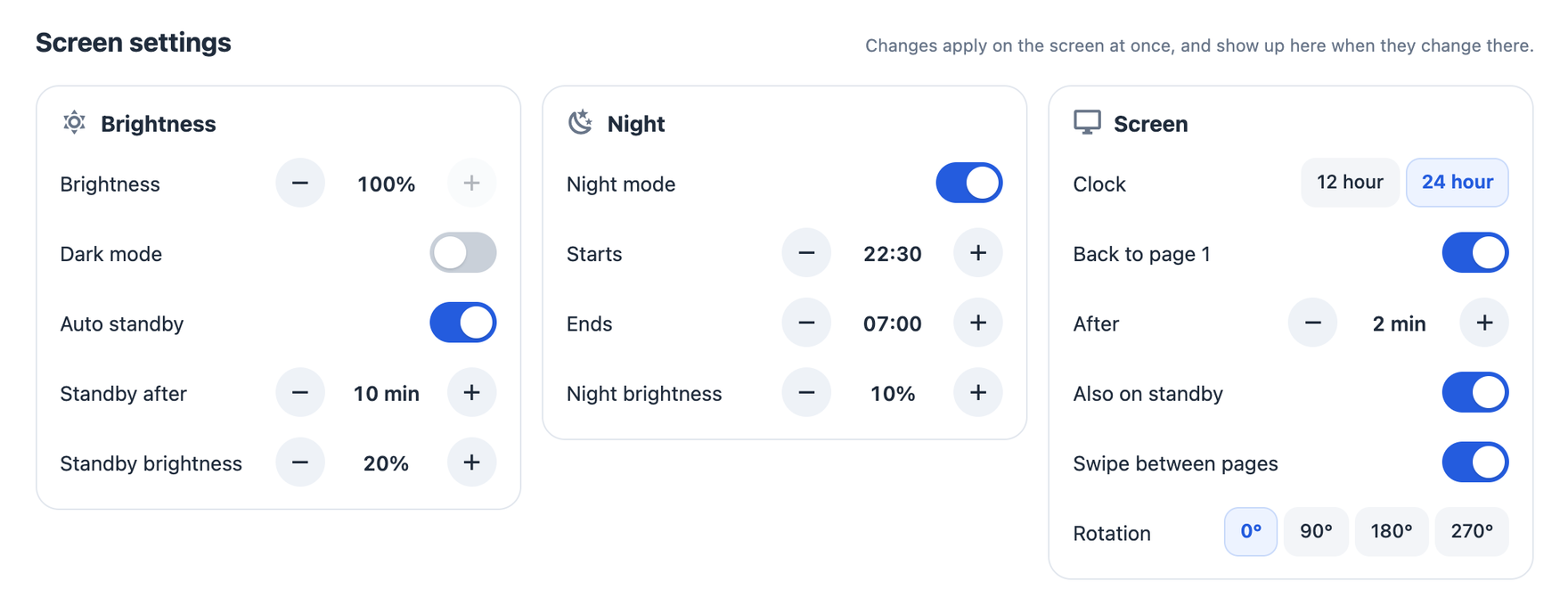 Screen settings in ESP Screens: Brightness with Dark mode and standby, Night with its hours and brightness, and Screen with the clock, back to page 1, swiping and the rotation