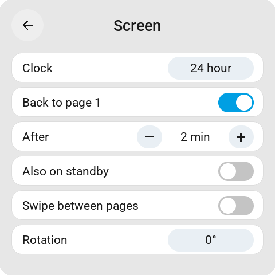 The settings page on the Guition, Screen: the 12 or 24-hour clock, back to page 1 by itself and after how long, also on standby, swiping between pages and the rotation