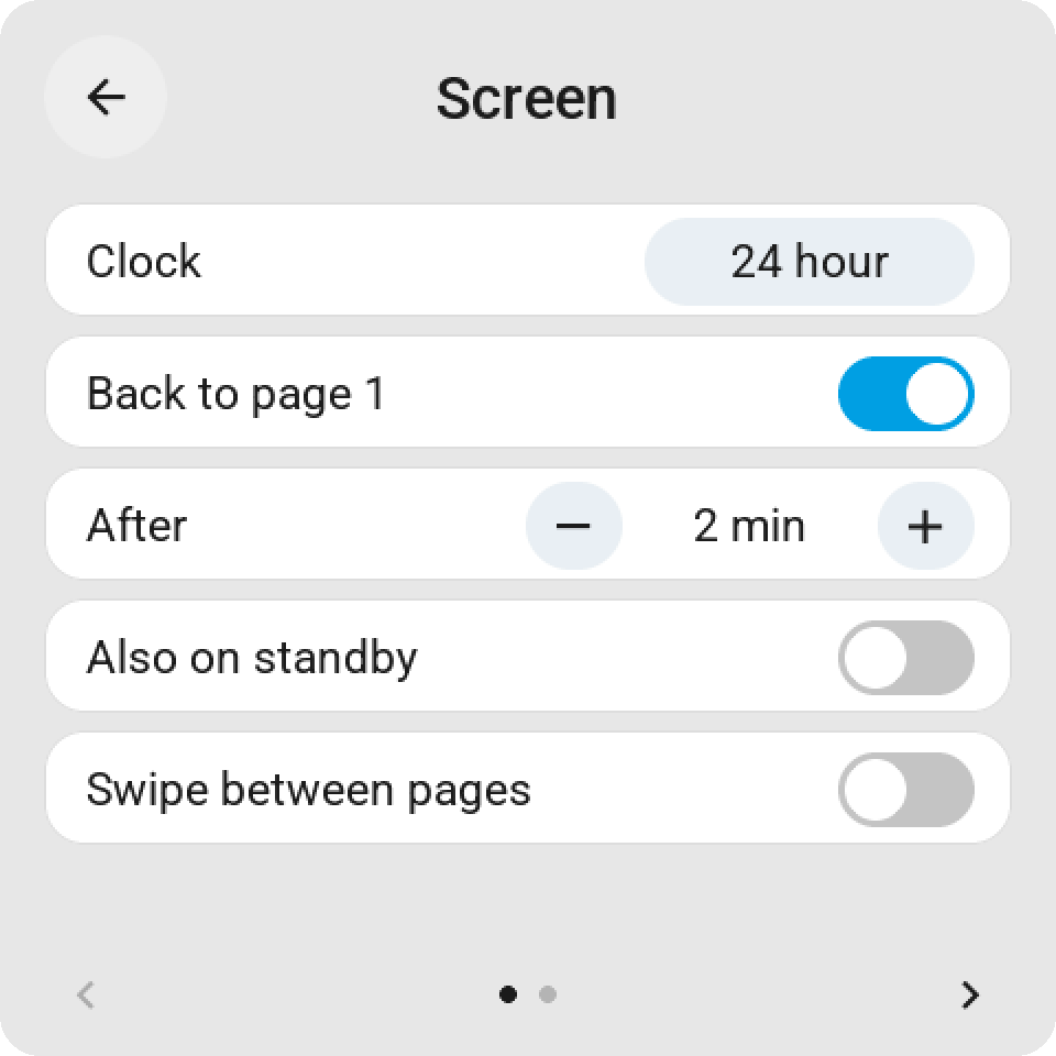 The settings page on the Guition, Screen: the 12 or 24-hour clock, back to page 1 by itself and after how long, also on standby and swiping between pages, with the page buttons and the rotation on its second page
