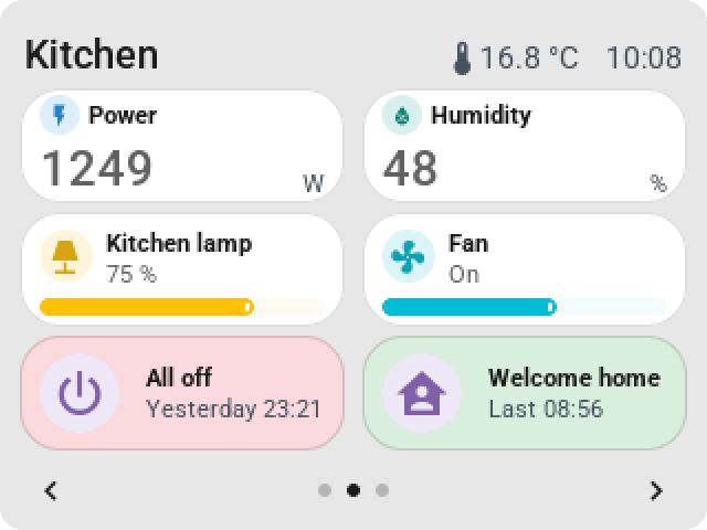 The CYD with power and humidity as large values, a lamp and a fan with small sliders, and red and green scene tiles