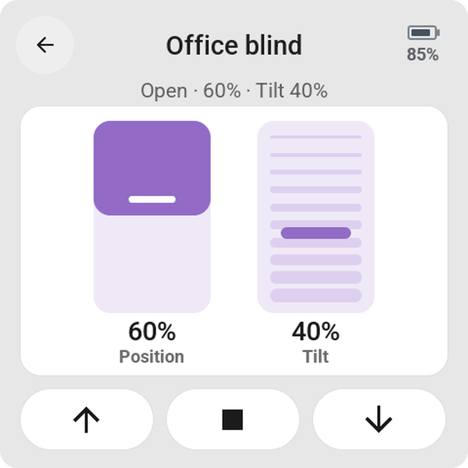 Cover card for a venetian blind: its battery, the position slider with the blind hanging from the top, the tilt slider over slats, and open, stop and close
