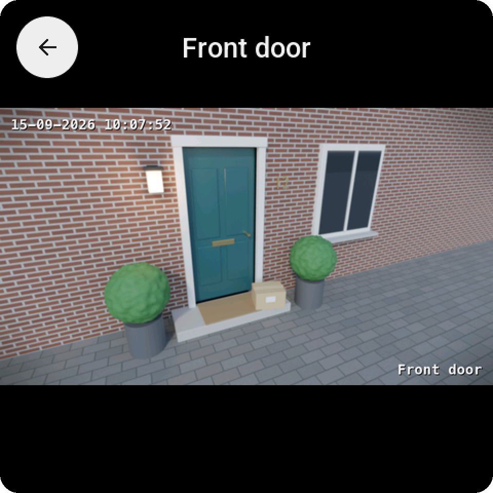 The front door camera full screen on the Guition, with the round back key and the camera's name at the top