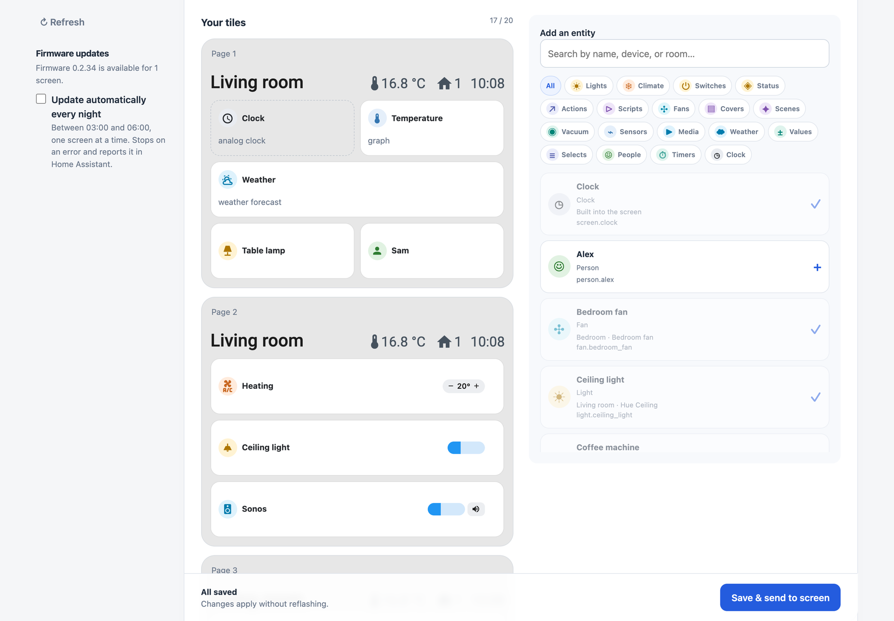 Choosing tiles: every page in the screen preview, next to the entity picker with filters