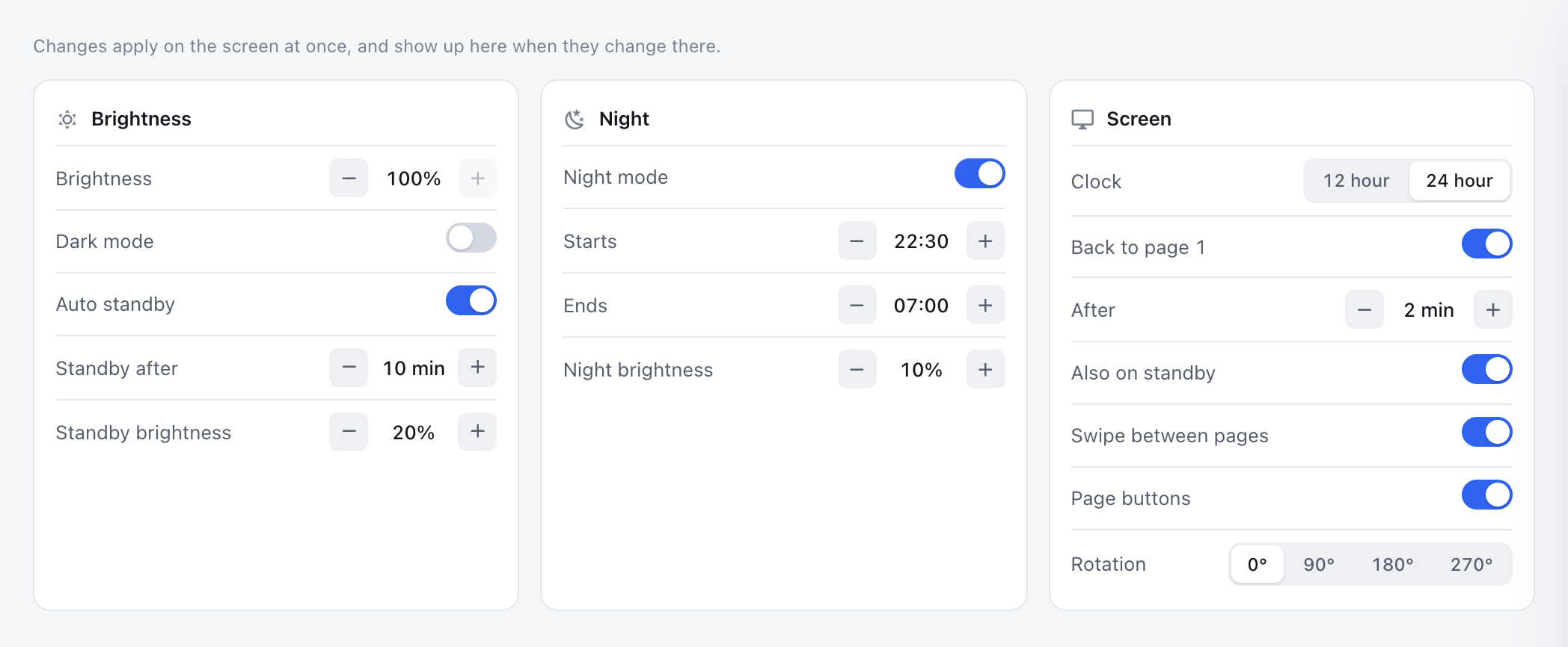 The Screen settings tab in ESP Screens: Brightness with Dark mode and standby, Night with its hours and brightness, and Screen with the clock, back to page 1, swiping, the page buttons and the rotation