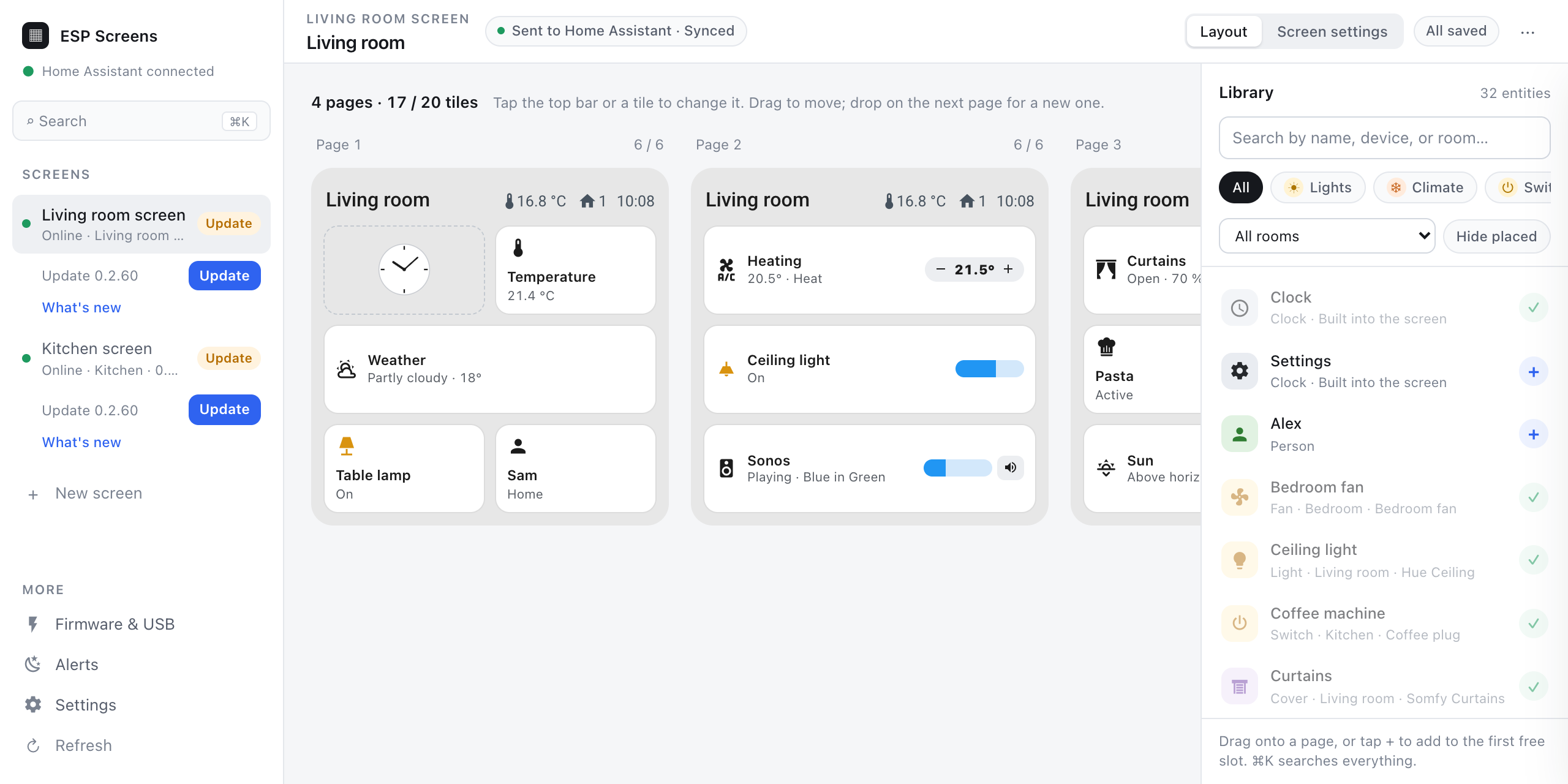 ESP Screens in Home Assistant: your screens in the sidebar, the pages of the living room screen side by side with their top bar, and the entity library on the right