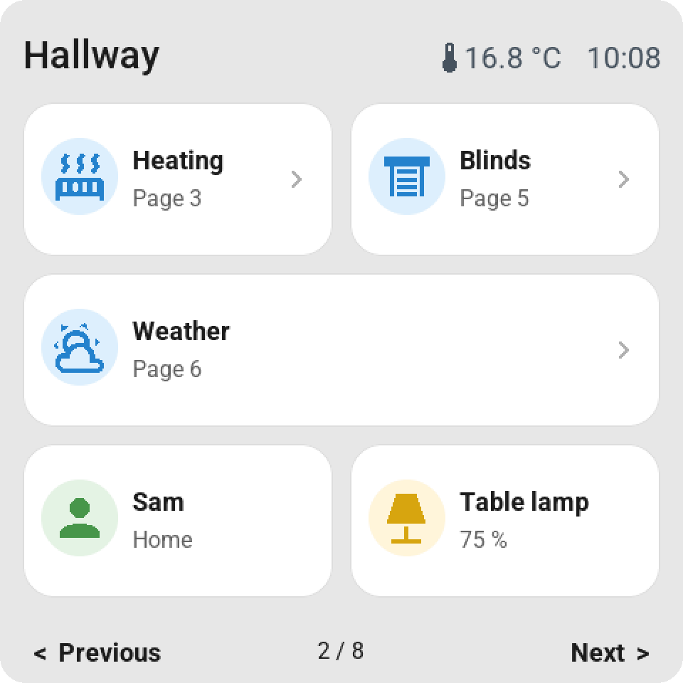 Navigation tiles: Heating, Blinds and Weather each open their own page, next to a person and a lamp