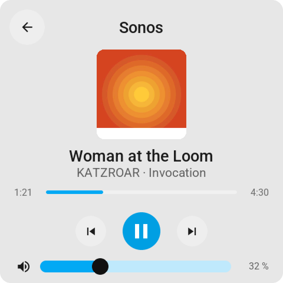 The media card on the Guition: the album cover, the title, artist and album, a progress bar with the elapsed and total time, previous, pause and next keys and the volume slider