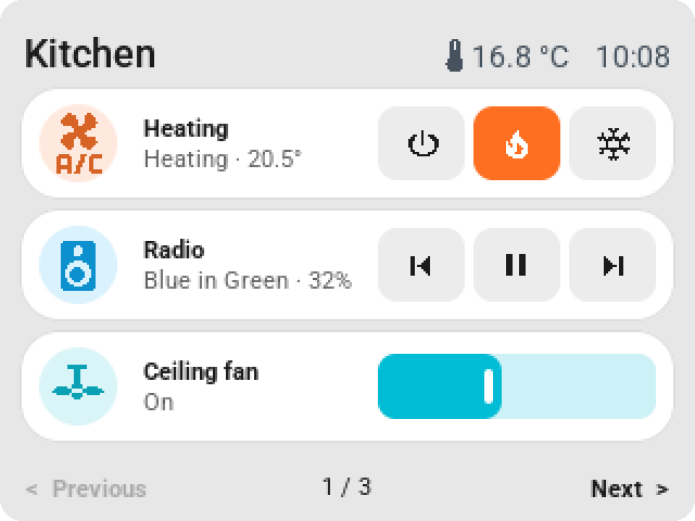 The CYD with heating mode keys, playback keys for the radio and a ceiling fan's speed slider