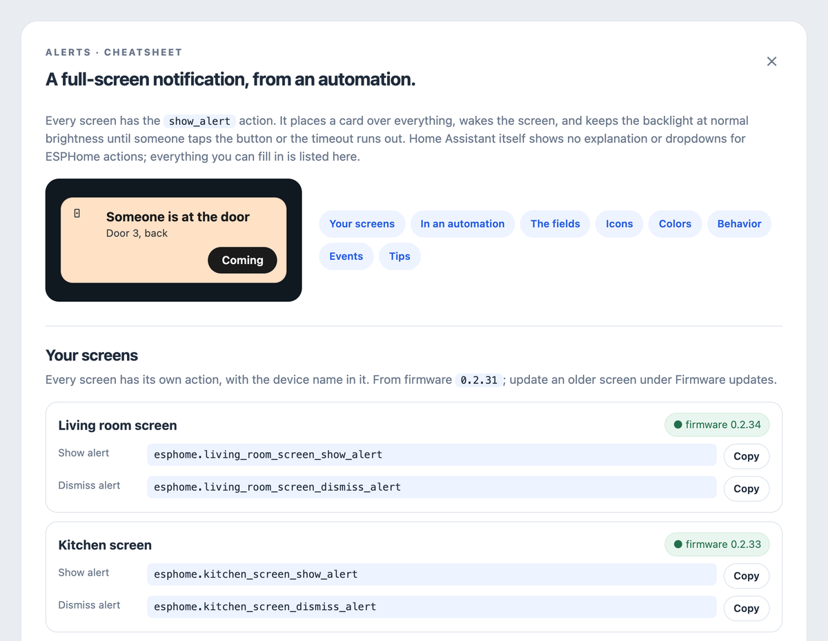 The Alerts cheatsheet in ESP Screens: the action name of every screen, ready to copy
