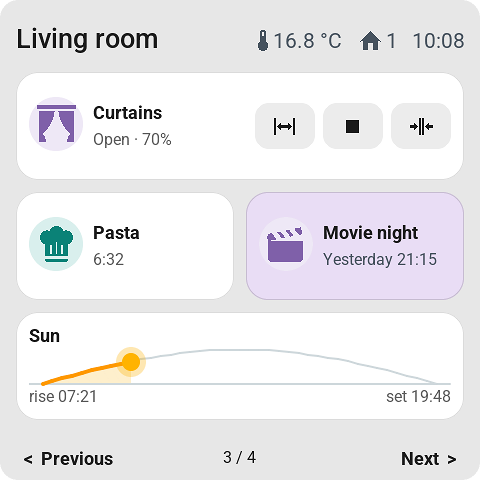 Curtains with open, stop and close, a kitchen timer counting down, a scene and the sun path
