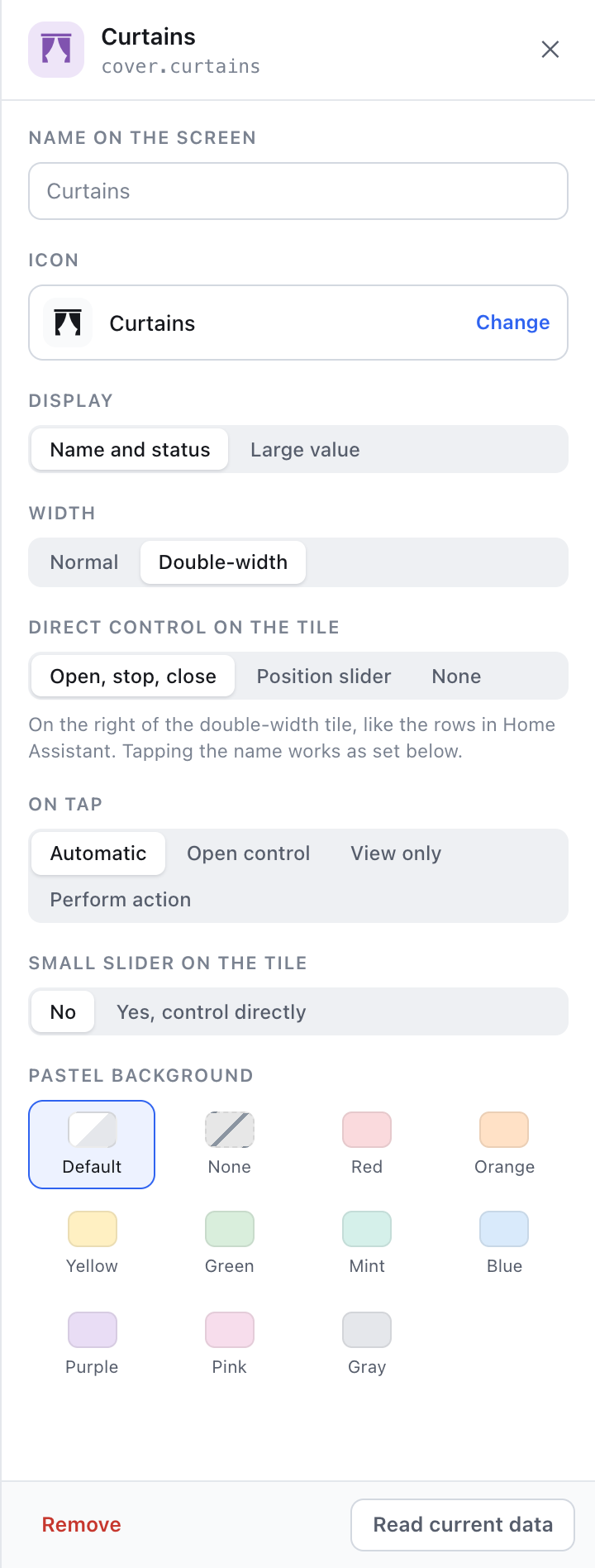 Tile settings of the curtains in the drawer: double-width with open, stop and close on the tile, what a tap does, and the pastel background