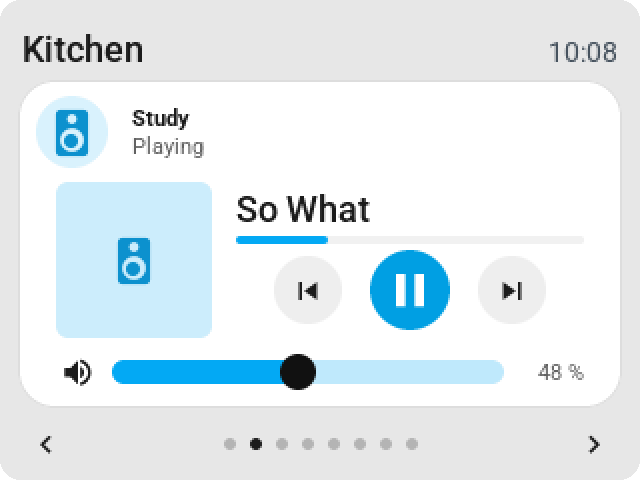 A media player over the whole CYD page: the icon at the left, the track and the keys beside it, the volume row along the bottom