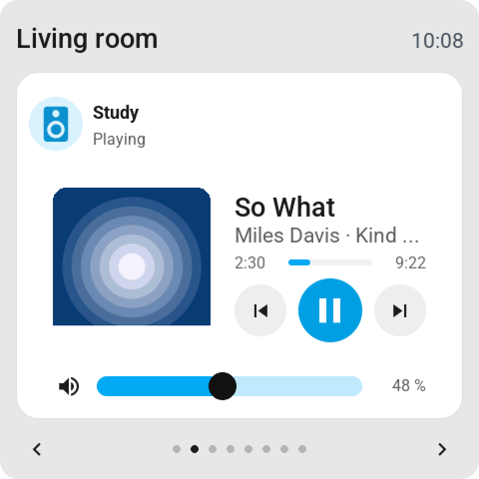 A media player over the whole page: the cover at the left, the track, the bar and the keys beside it, the volume row along the bottom