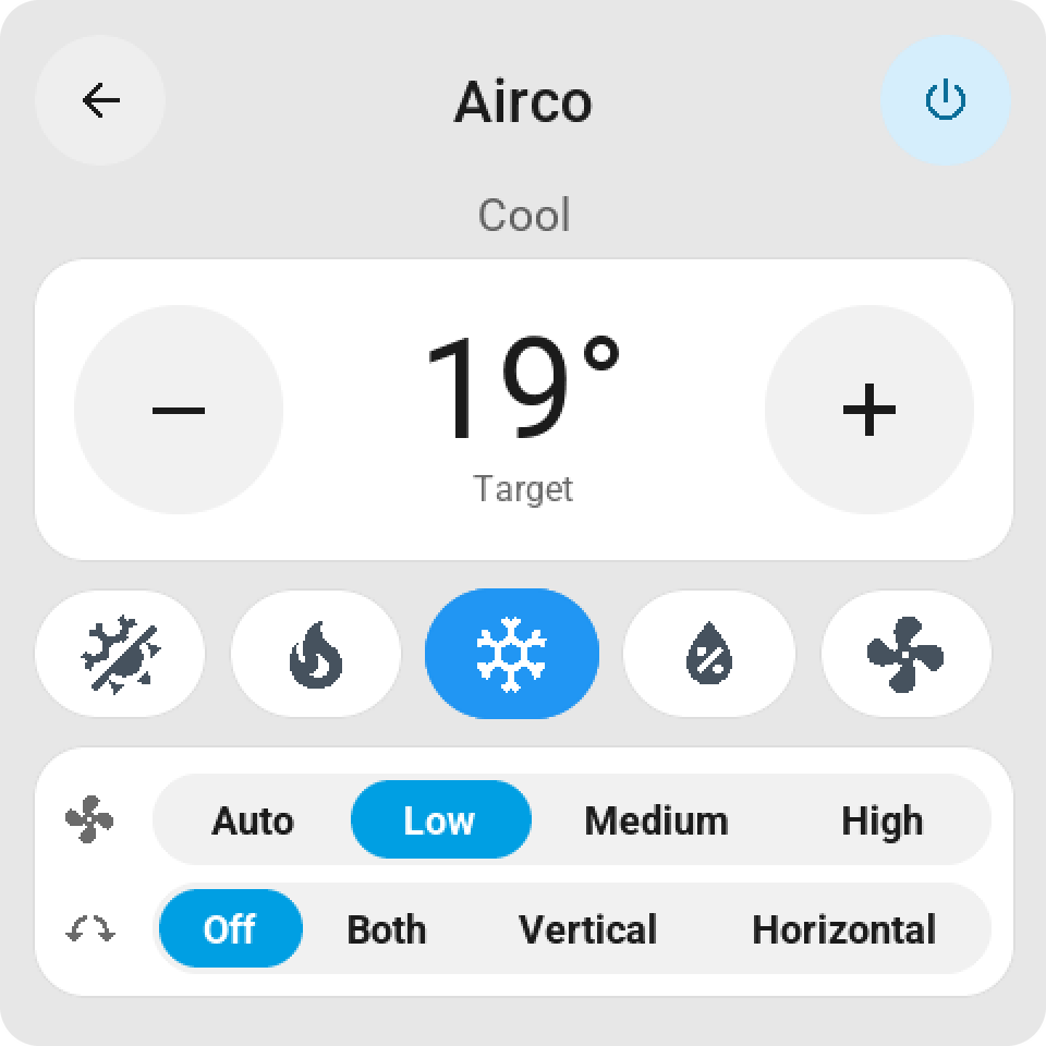 Climate card: the target temperature between big minus and plus keys, the mode keys, and fan and swing choices