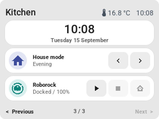 The CYD with a digital clock, previous and next for the house mode, and start, stop and dock for the robot vacuum