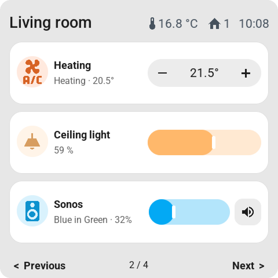 Double-width tiles with direct control: the heating setpoint, a dimmer and the Sonos volume