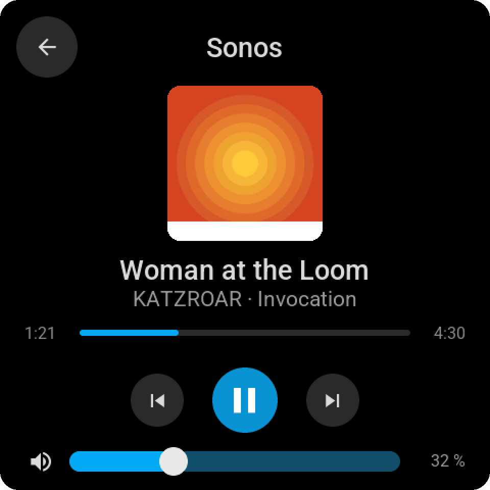 The media card in dark mode: the same cover and keys on a black page