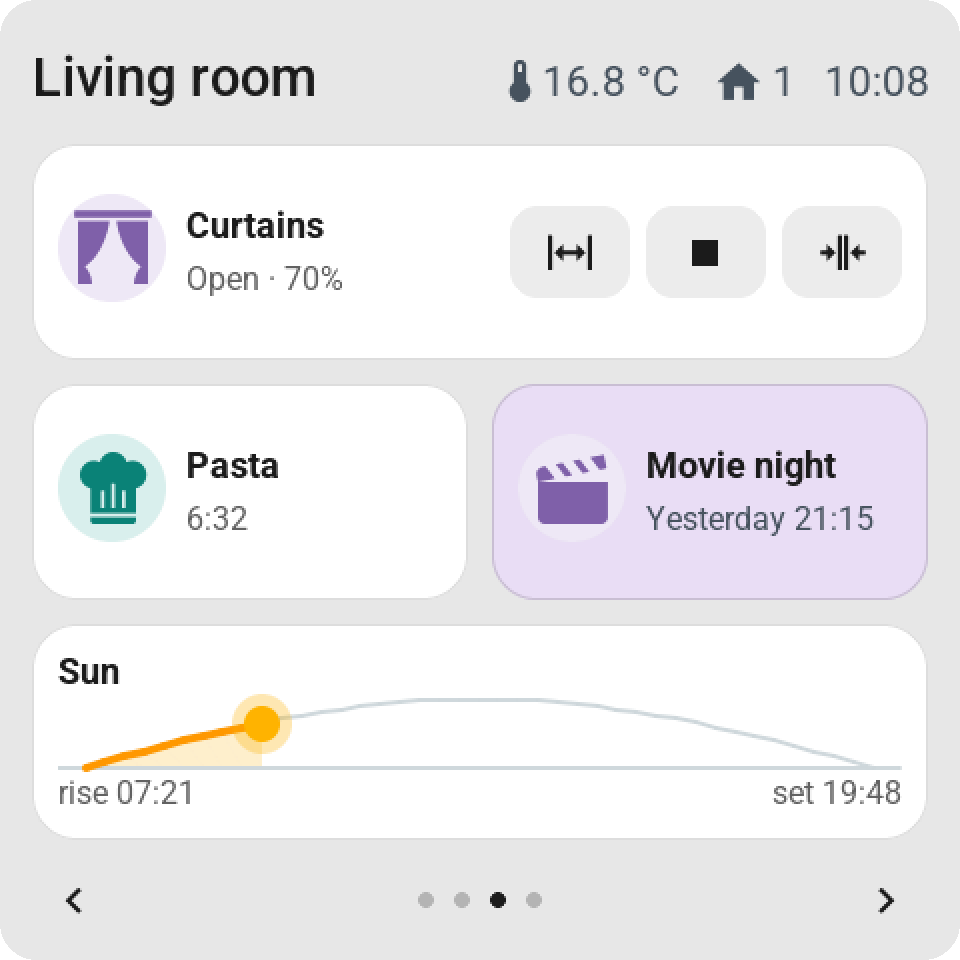 Curtains with open, stop and close, a kitchen timer counting down, a scene and the sun path