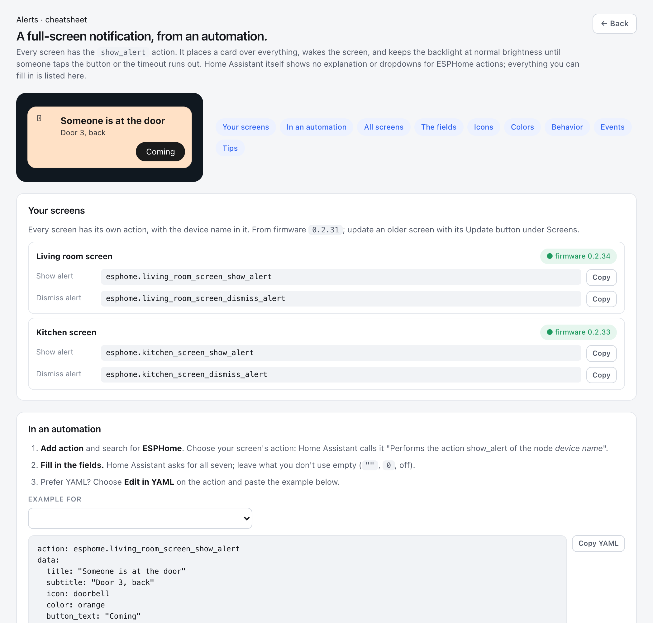 The Alerts cheatsheet in ESP Screens: the action name of every screen, ready to copy