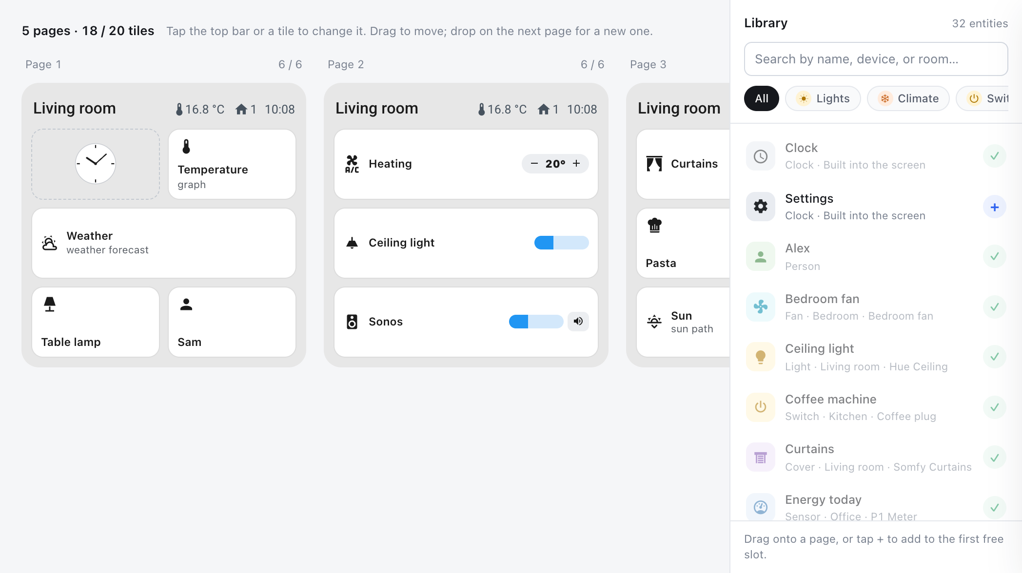 Choosing tiles: the pages of the screen side by side, next to the library with its search and filters