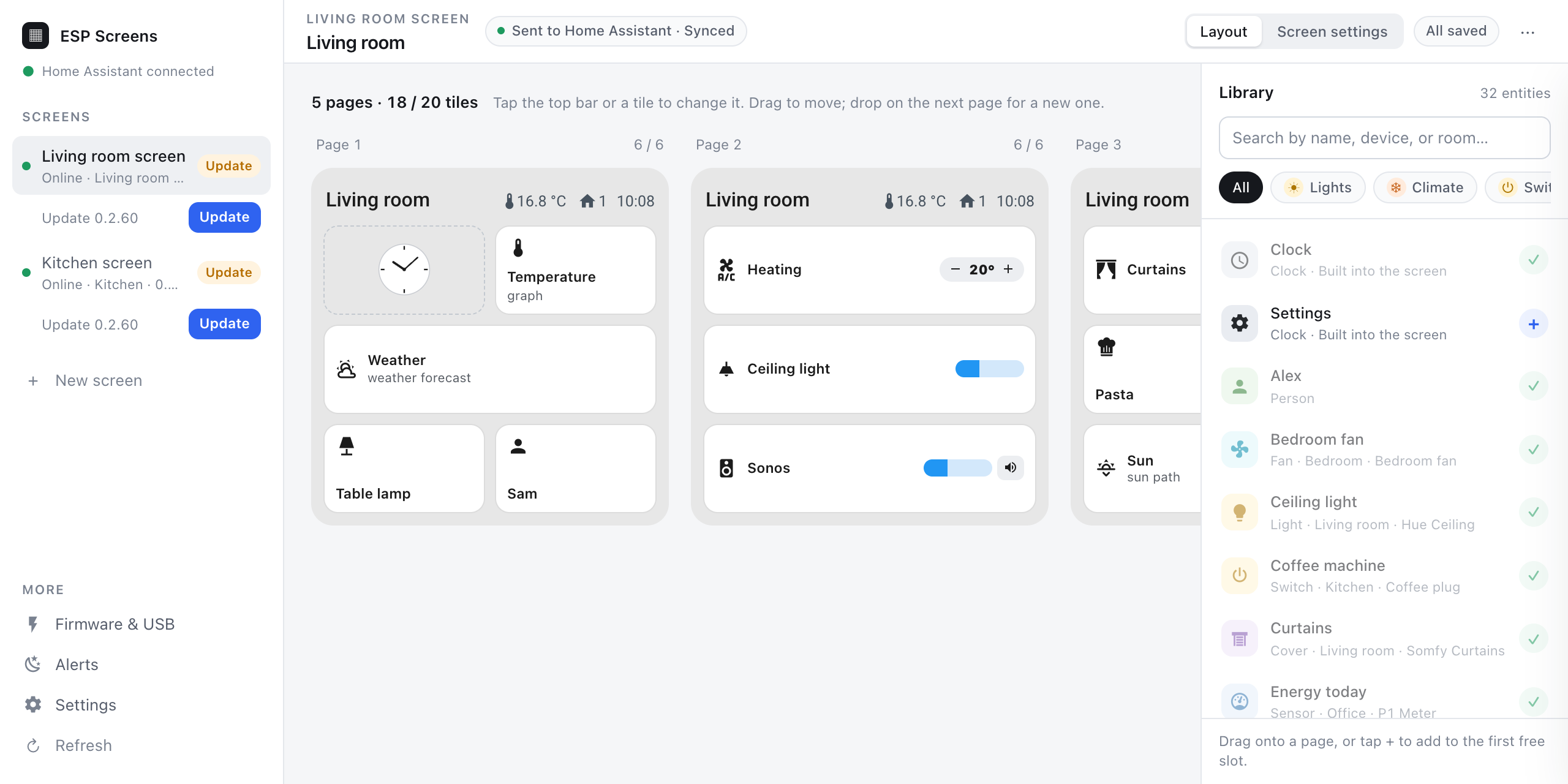 ESP Screens in Home Assistant: your screens in the sidebar, the pages of the living room screen side by side with their top bar, and the entity library on the right