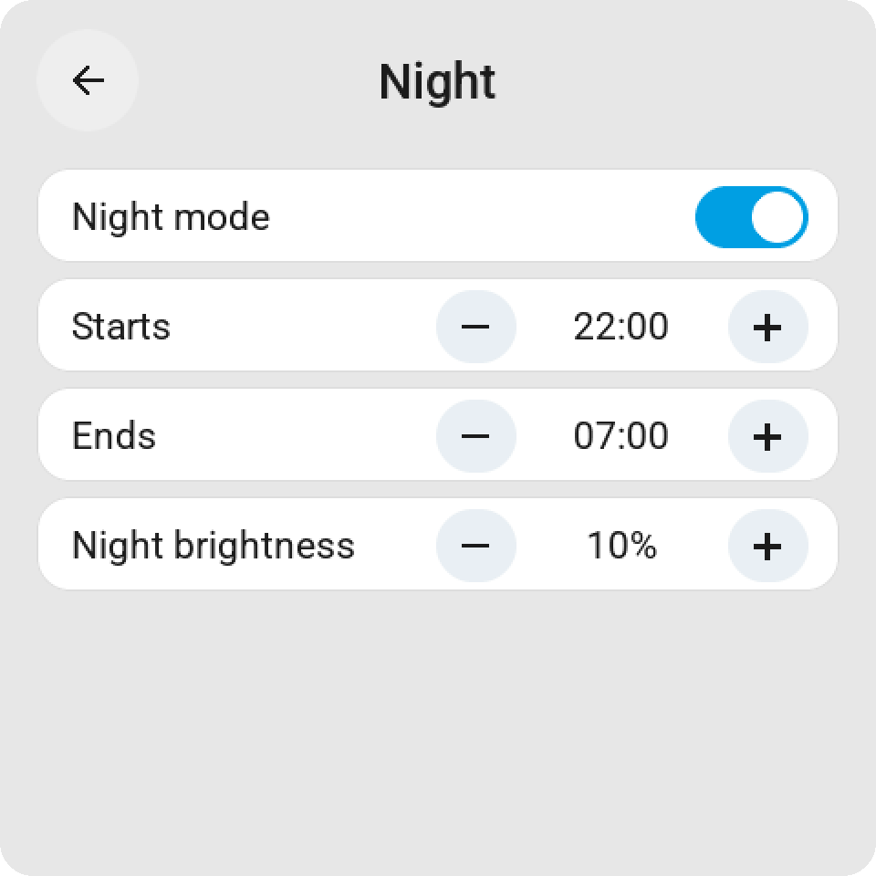 The Night page: Night mode on, starting at 22:00 and ending at 07:00, and the night brightness