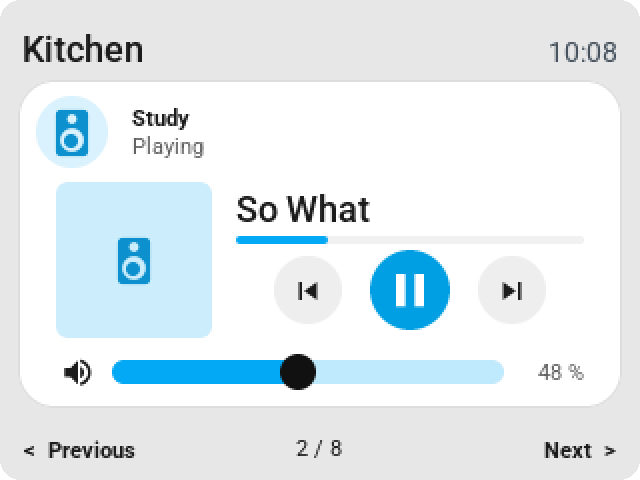 A media player over the whole CYD page: the icon at the left, the track and the keys beside it, the volume row along the bottom