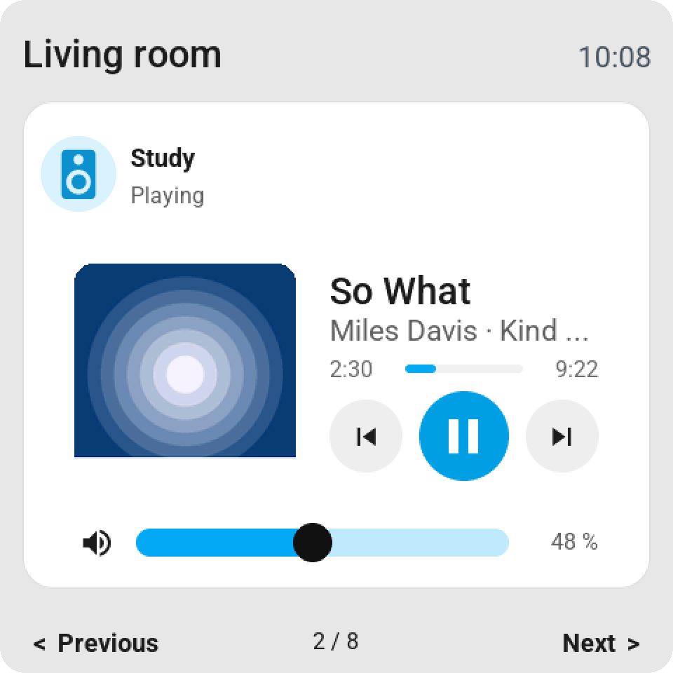 A media player over the whole page: the cover at the left, the track, the bar and the keys beside it, the volume row along the bottom