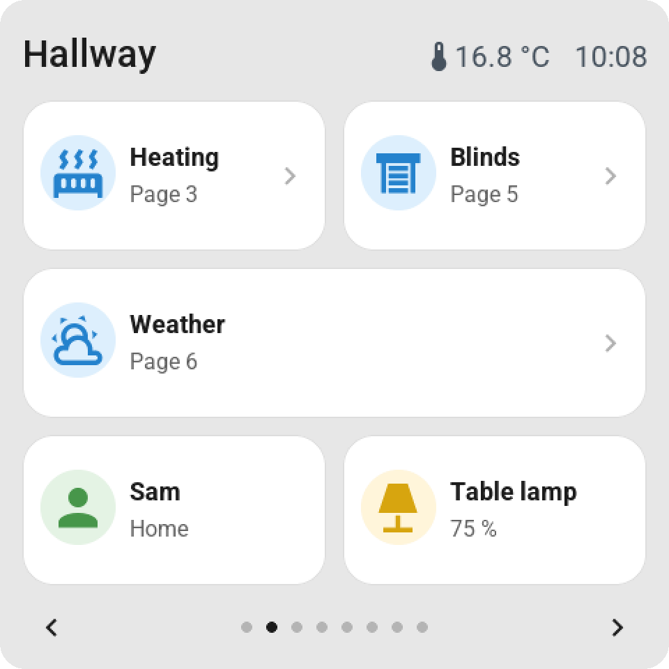Navigation tiles on the Guition: Heating, Blinds and Weather open their own pages