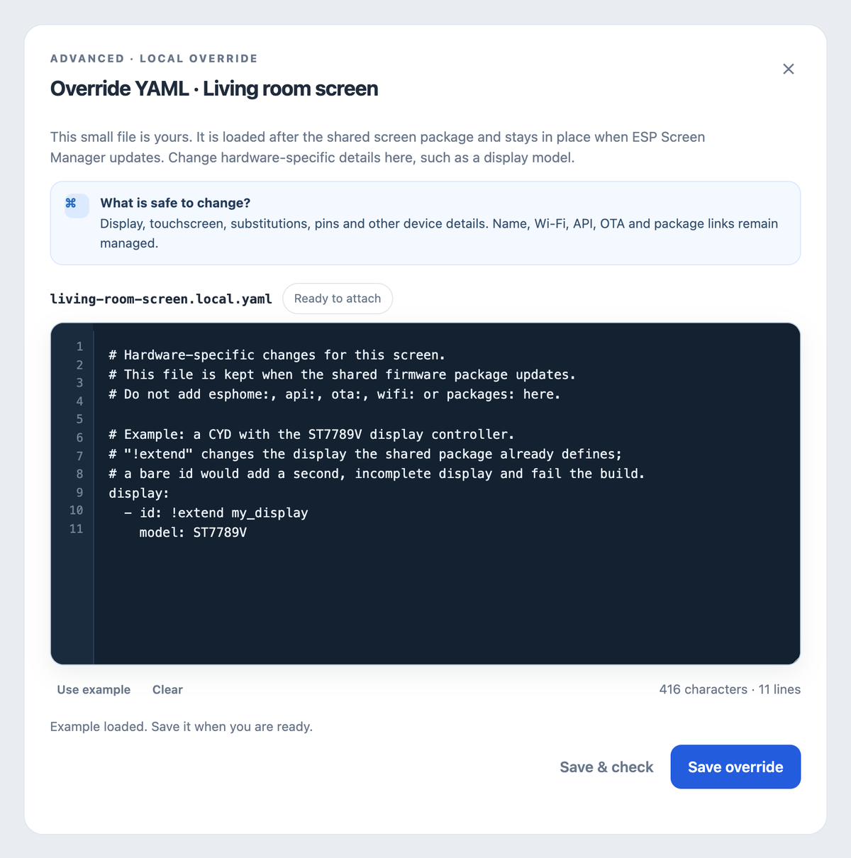 Override YAML for the living room screen: a small file of its own, loaded after the shared package, here with the example that changes the display controller