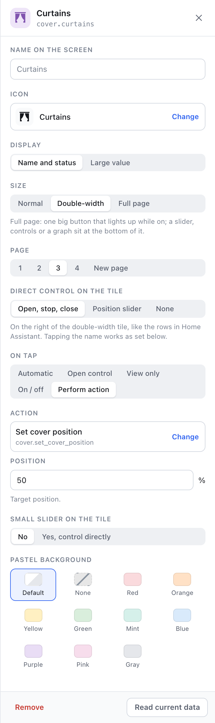 Tile settings of the curtains: double-width with open, stop and close on the tile, and on tap Perform action with Set cover position at 50 %