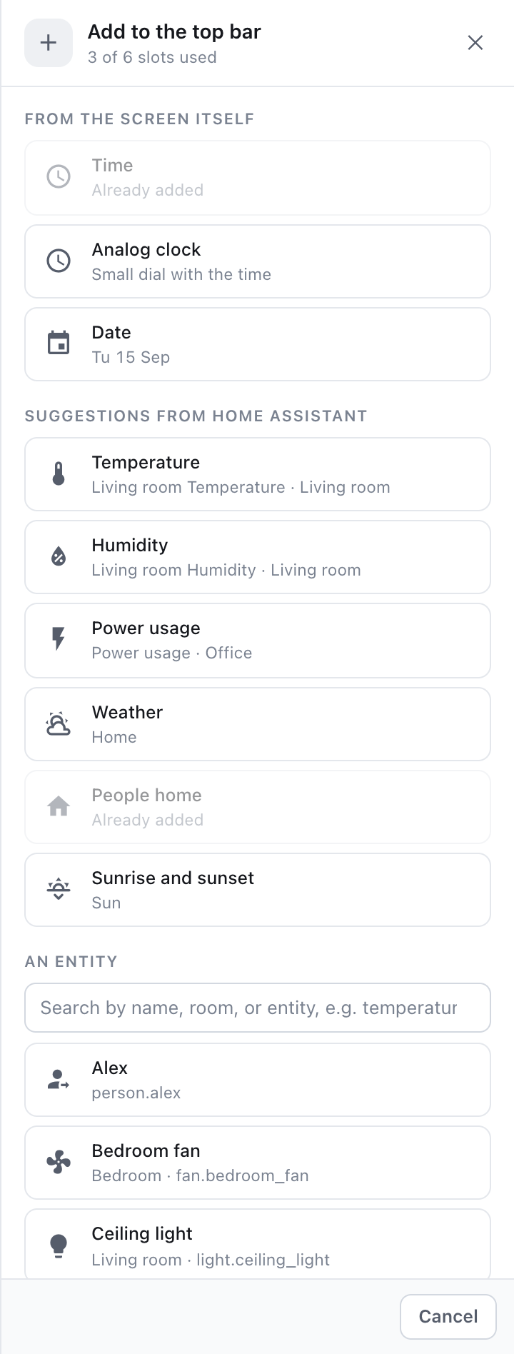 Add to the top bar: the time, an analog clock, the date and suggestions from your own home