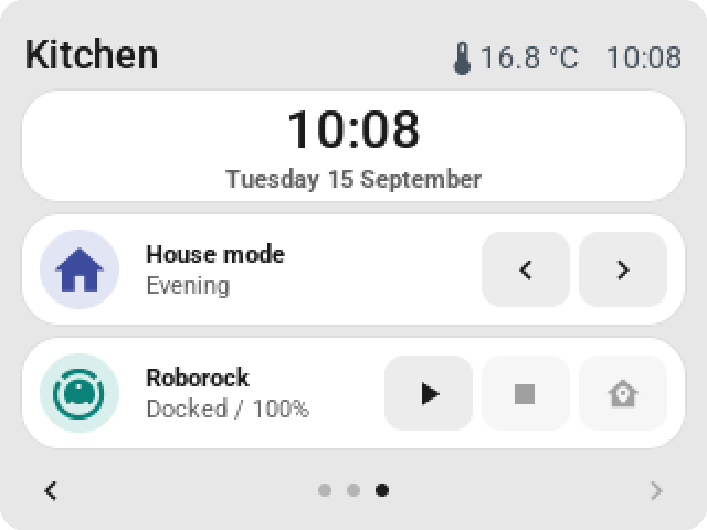 The CYD with a digital clock, previous and next for the house mode, and start, stop and dock for the robot vacuum