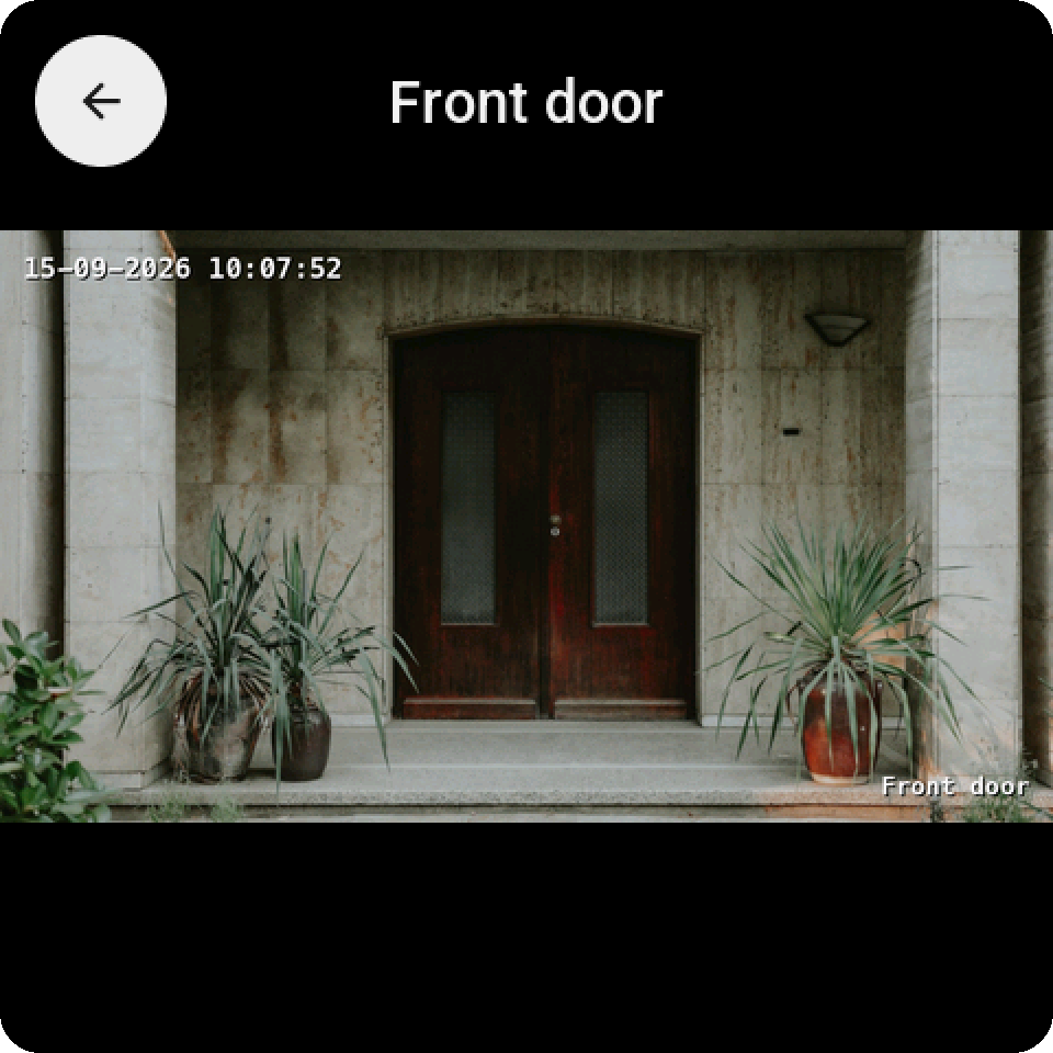 The front door camera full screen on the Guition, with the round back key and the camera's name at the top