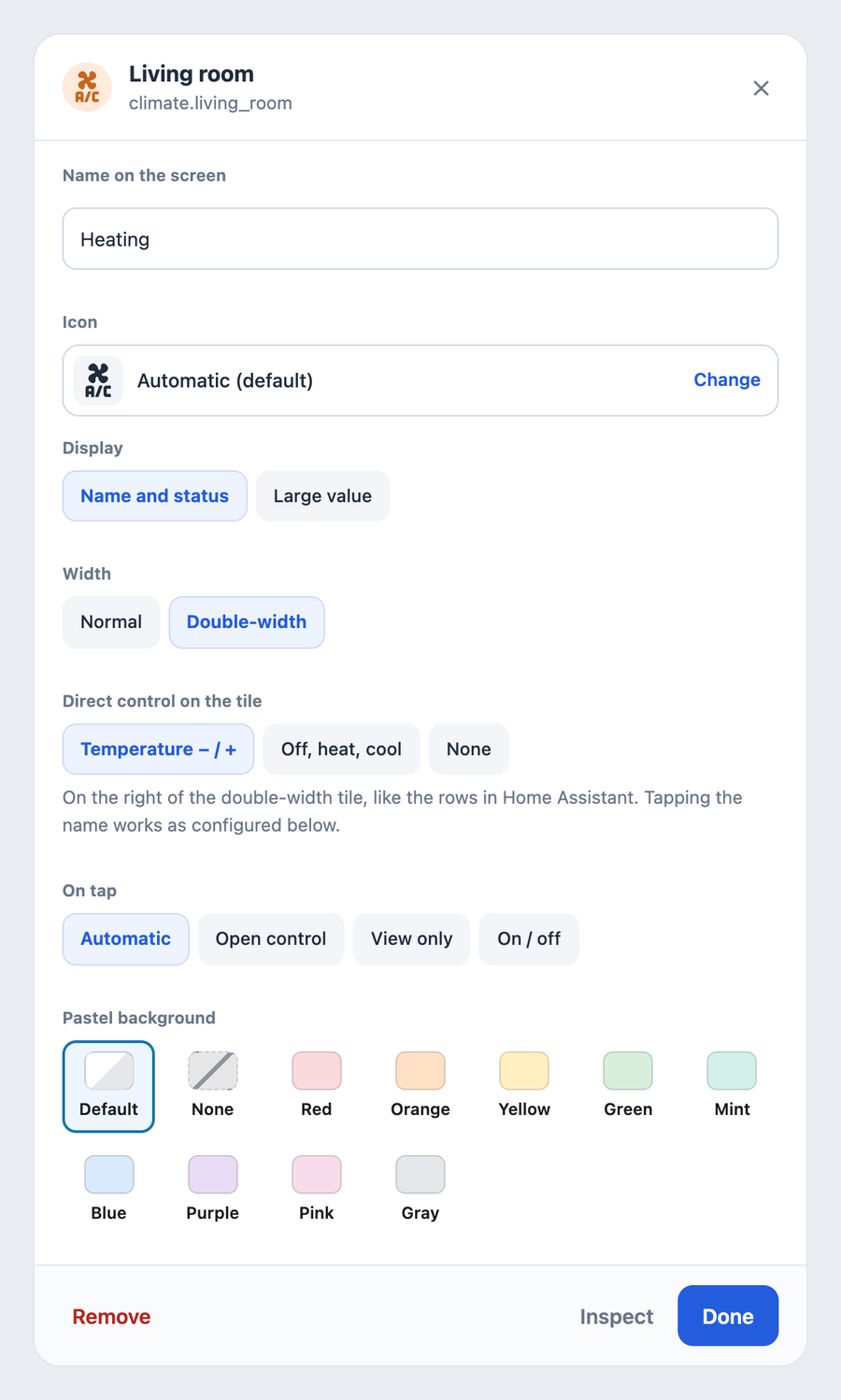 Tile settings: name, icon, display, width, direct control, tap action and pastel background